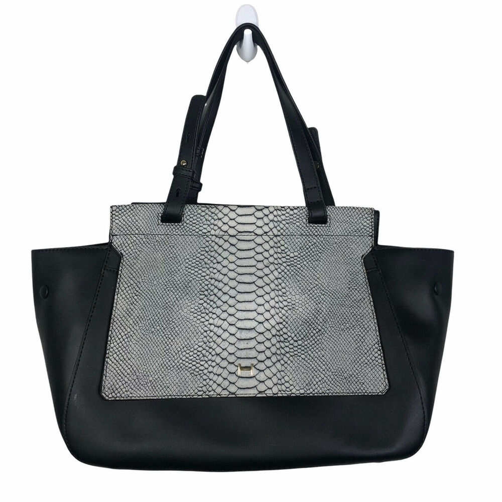 H by Halston Black Gray Smooth Leather Satchel with Snake Embossed Flap